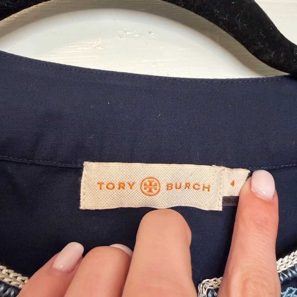 Tory‎ Burch Navy Embellished Tunic Blouse Bell Sleeve Size 4
